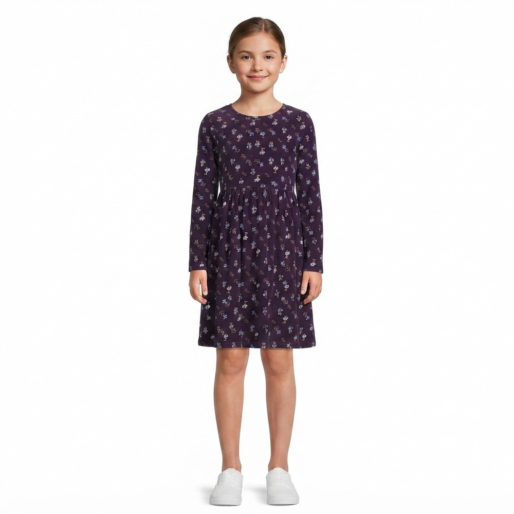 Lands End Dress Girls 8 Plum Purple Floral Long Sleeve Cotton Knit Pocket